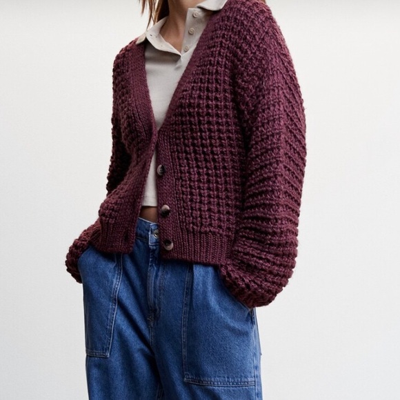 Mango Deep Burgundy Cardigan Sweater - Picture 2 of 6